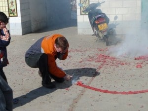 Firecrackers being set off during a Chinese wedding in Xinjiang