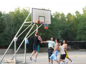An outdoor basketball court in Xinjiang, China