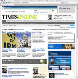 A screenshot of the Times Online news website