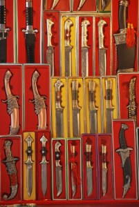 A display of Uyghur knives, or "Yengisar Knives"