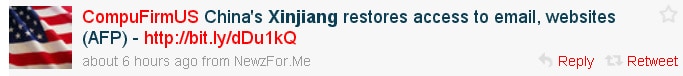 Xinjiang Internet Restored? Twitter message claiming internet in Xinjiang is restored.