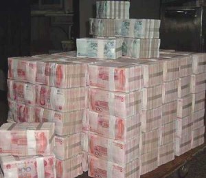 A large pile of renminbi, Chinese currency