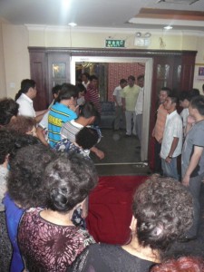 The red silk laid out in front of the entrance