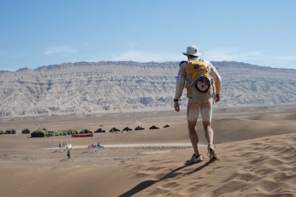 Competitor coming into camp A Gobi March competitor coming into camp