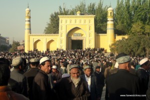 Id Kah Prayers Uyghur men exit Kashgar's Id Kah mosque after prayers