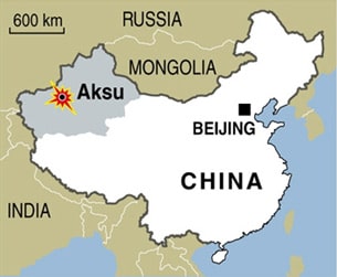 A map of China indicating the location of Aksu, Xinjiang