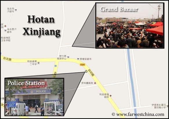 A map detailing the Hotan Riot on 7/18/2011