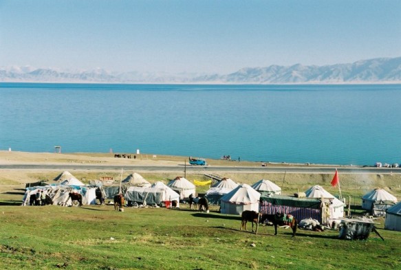 A line of yurts at Salimu Lake in Xinjiang, China
