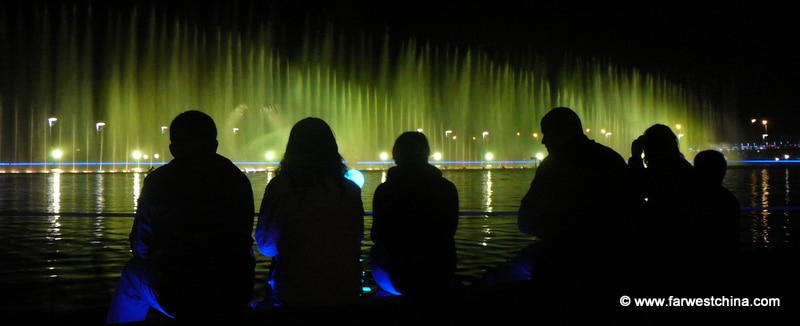 An evening water show in China's desert city