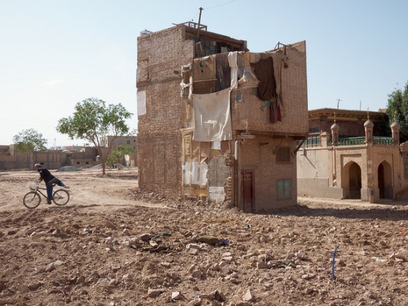 A single home stands in demolished parts of Kashgar's Old City