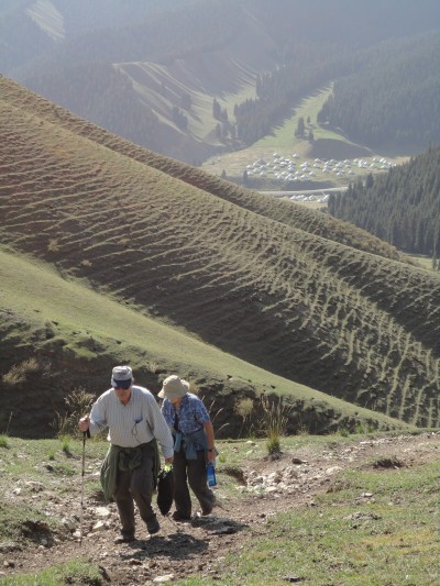 Two travelers hiking the NanShan in Xinjiang, China