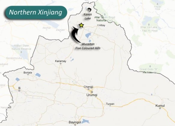 A map of Xinjiang highlighting Wucaitan and Kanas Lake