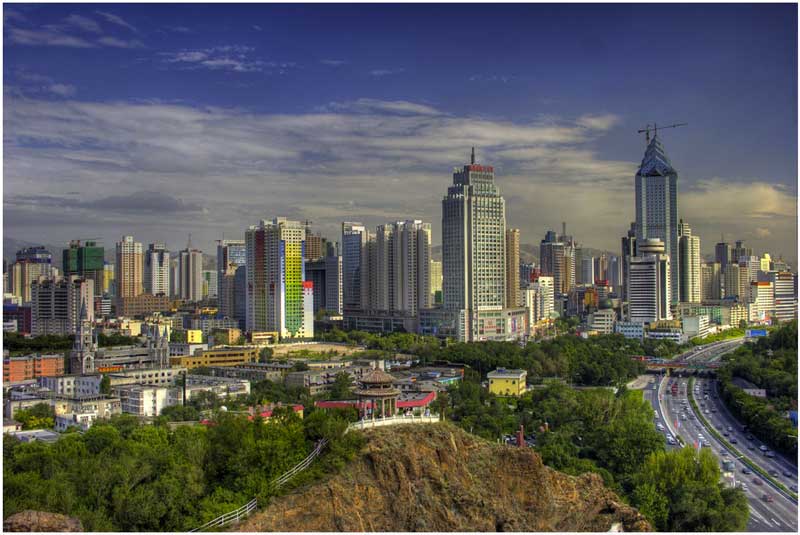 Urumqi cityscape as seen from Hong Shan Park in Xinjiang
