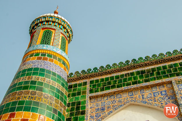 A minaret from the Apak Khoja mausoleum in Kashgar, Xinjiang