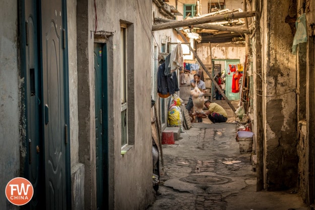 A sheep being slaughtered in the alley in Urumqi, Xinjiang