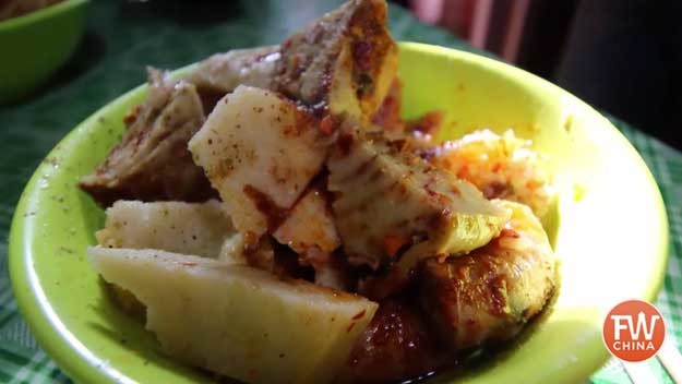 A bowl of Uyghur sheep intestine and lung in Xinjiang