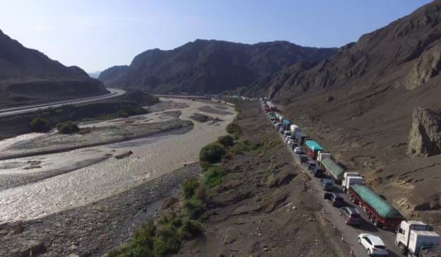 Highway traffic due to a washed out road in Xinjiang