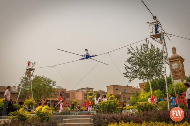 Uyghur tightrope walking (dawaz) in Kashgar, Xinjiang