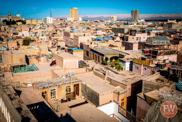 Bird's eye view of Kashgar's Old City in Xinjiang, China