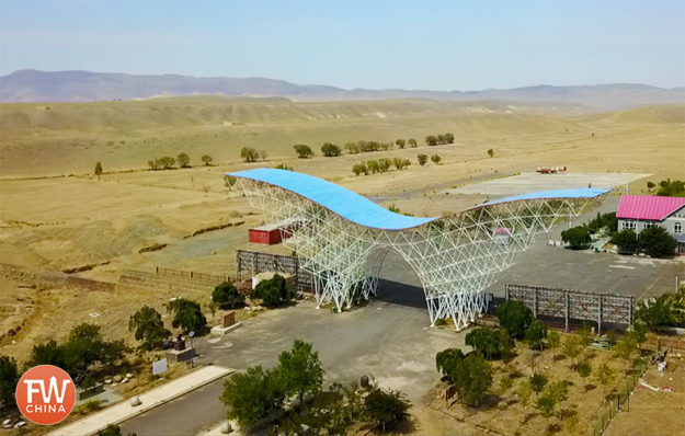 The wing structure at the gate of China's Heart of Asia near Urumqi, Xinjiang