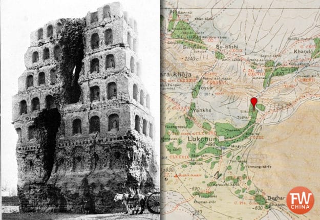 An old photo and map of Sirkip Tower by Aurel Stein