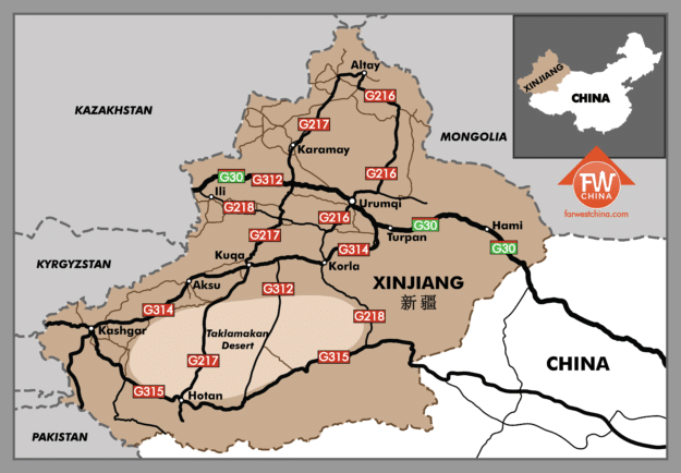 Angielska mapa Xinjiangu (wysoka rozdzielczość) z FarWestChina