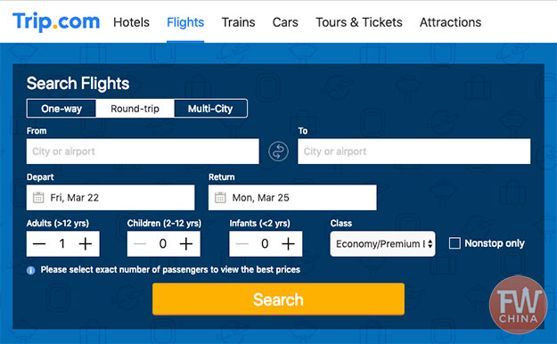 Trip.com flights homepage to search the cheapest China flights for Xinjiang