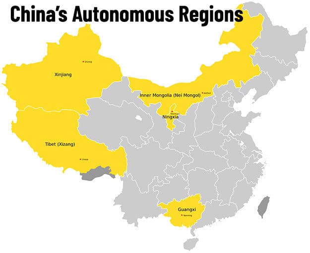 A map of China's Autonomous Regions