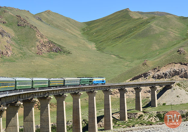 Xinjiang train on a bridge