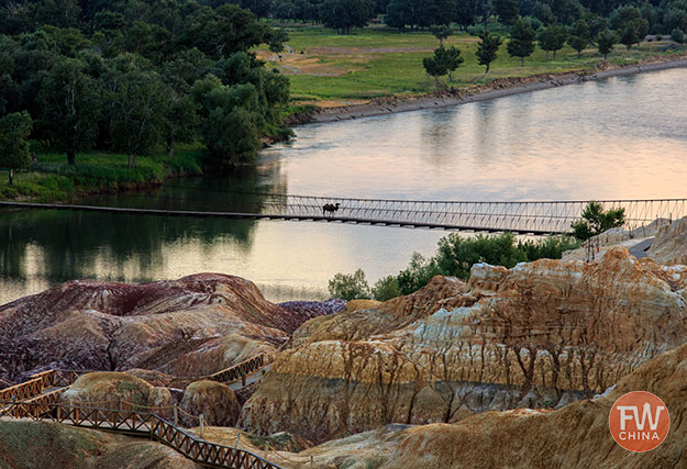 Wooden pathways and a bridge at Wucaitan in Xinjiang, China